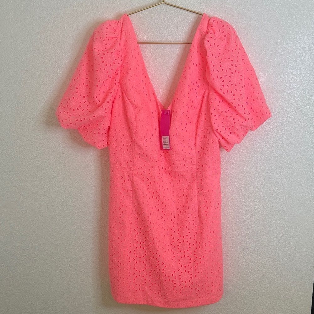 NWT- Lilly Pulitzer Bright Pink Eyelet romper- puff sleeve- open back- Size 16